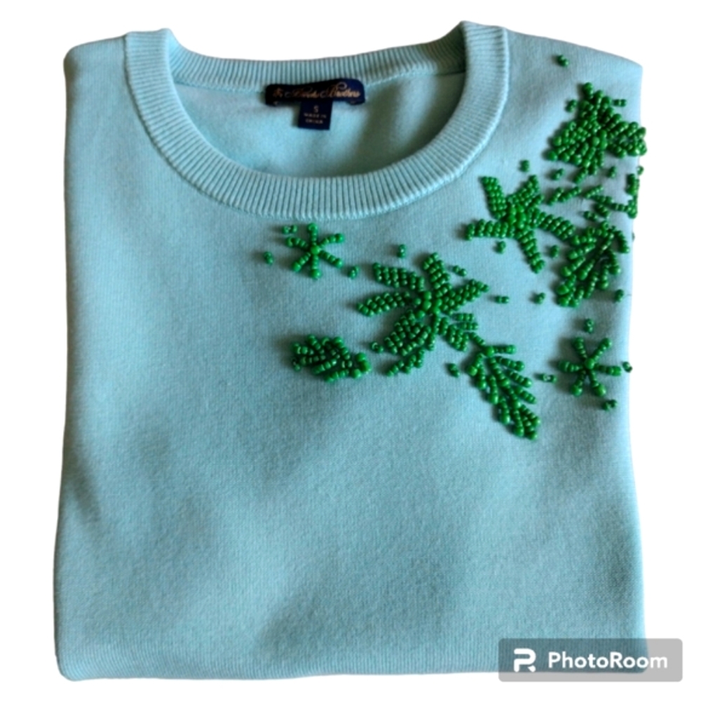 Brooks Brothers Short Sleeve Blue Green Aqua Beaded Knit Crew Neck Sweat… - Picture 4 of 15